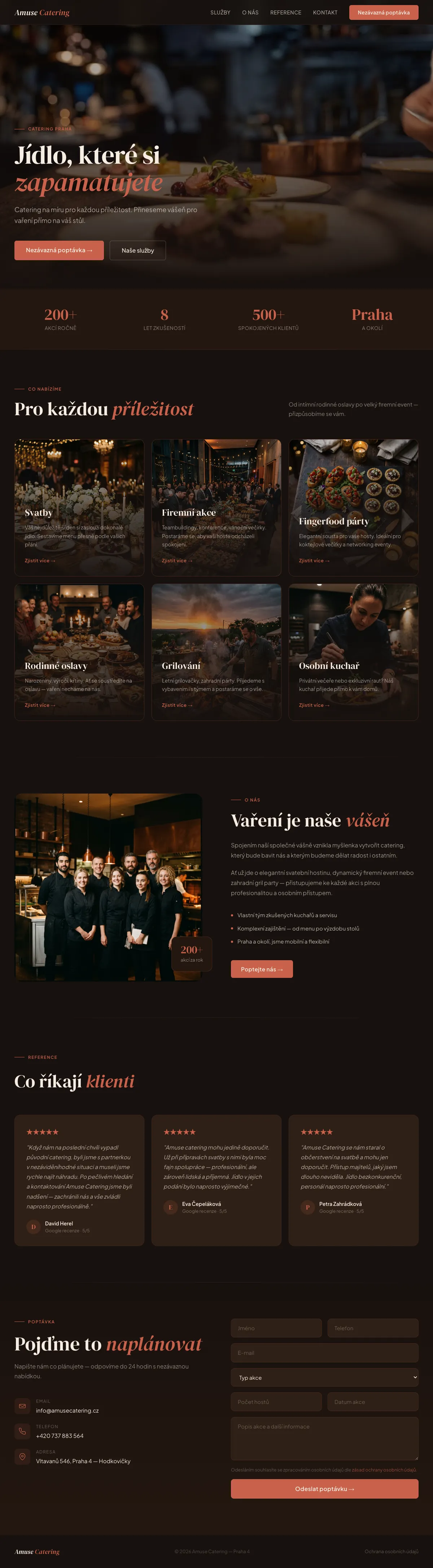 Full homepage of the Amuse Catering website: food hero, services, testimonials, contact