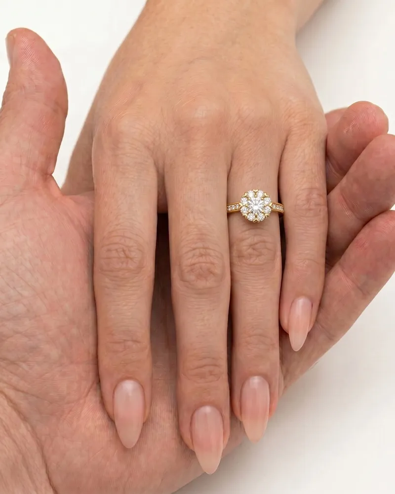 AI jewelry close-up: a ring with a floral diamond, two hands