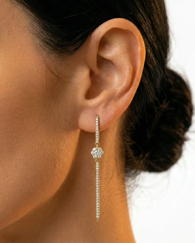 AI jewelry close-up: a long diamond earring on an ear