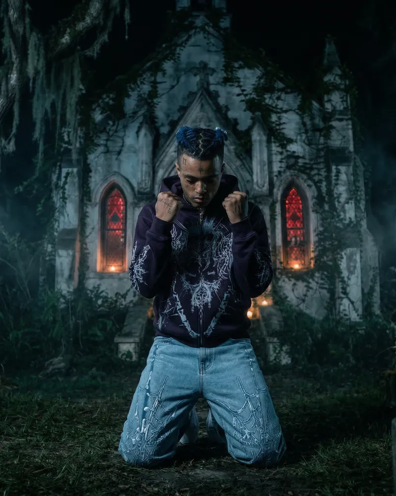 AI fashion photo: a model in a streetwear hoodie and jeans in front of a chapel with red windows, pose 2 of 6