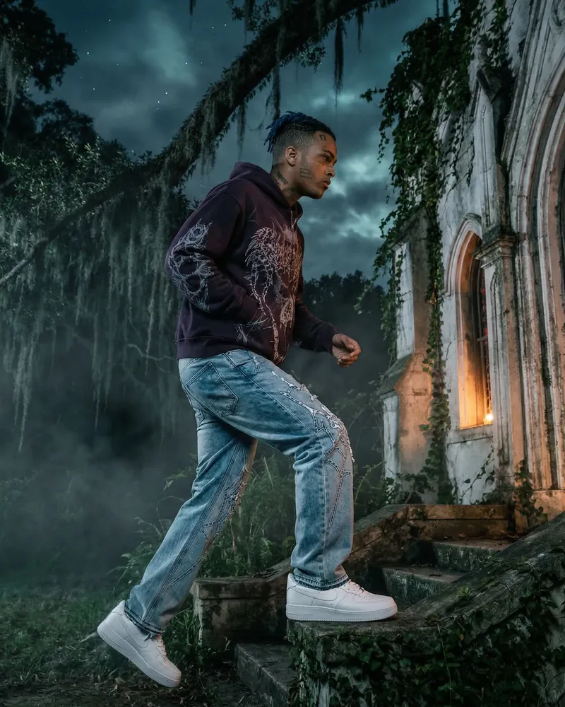 AI fashion photo: a model in a streetwear hoodie and jeans in front of a chapel with red windows, pose 3 of 6
