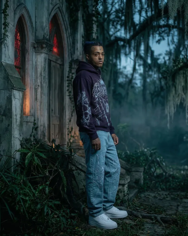 AI fashion photo: a model in a streetwear hoodie and jeans in front of a chapel with red windows, pose 1 of 6