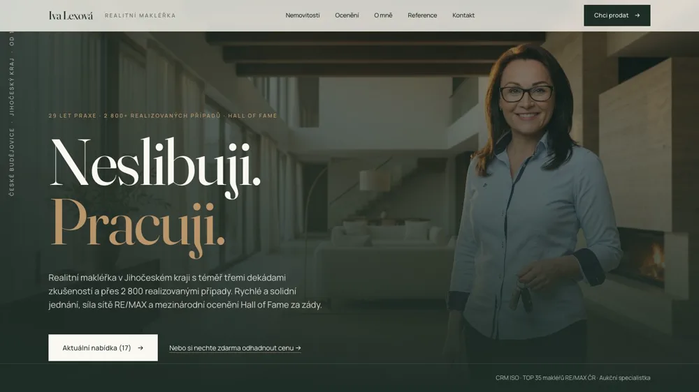 Úvodní obrazovka webu realitní makléřky Ivy Lexové s nadpisem Neslibuji. Pracuji.