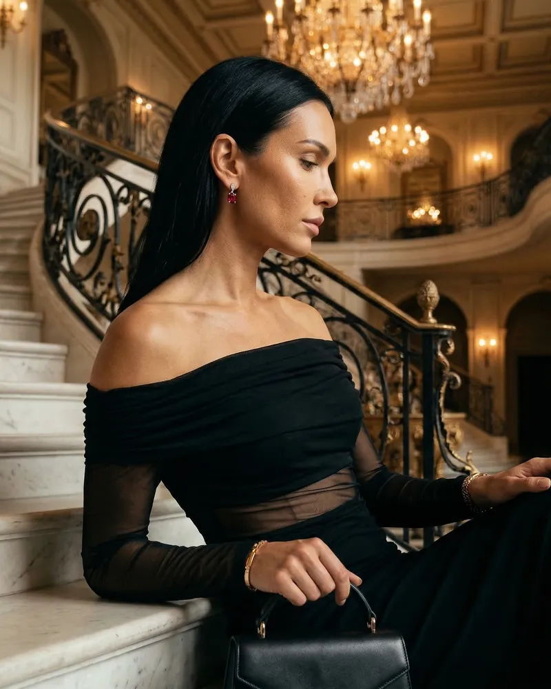 AI product photo: a model in a black dress on a staircase wearing earrings