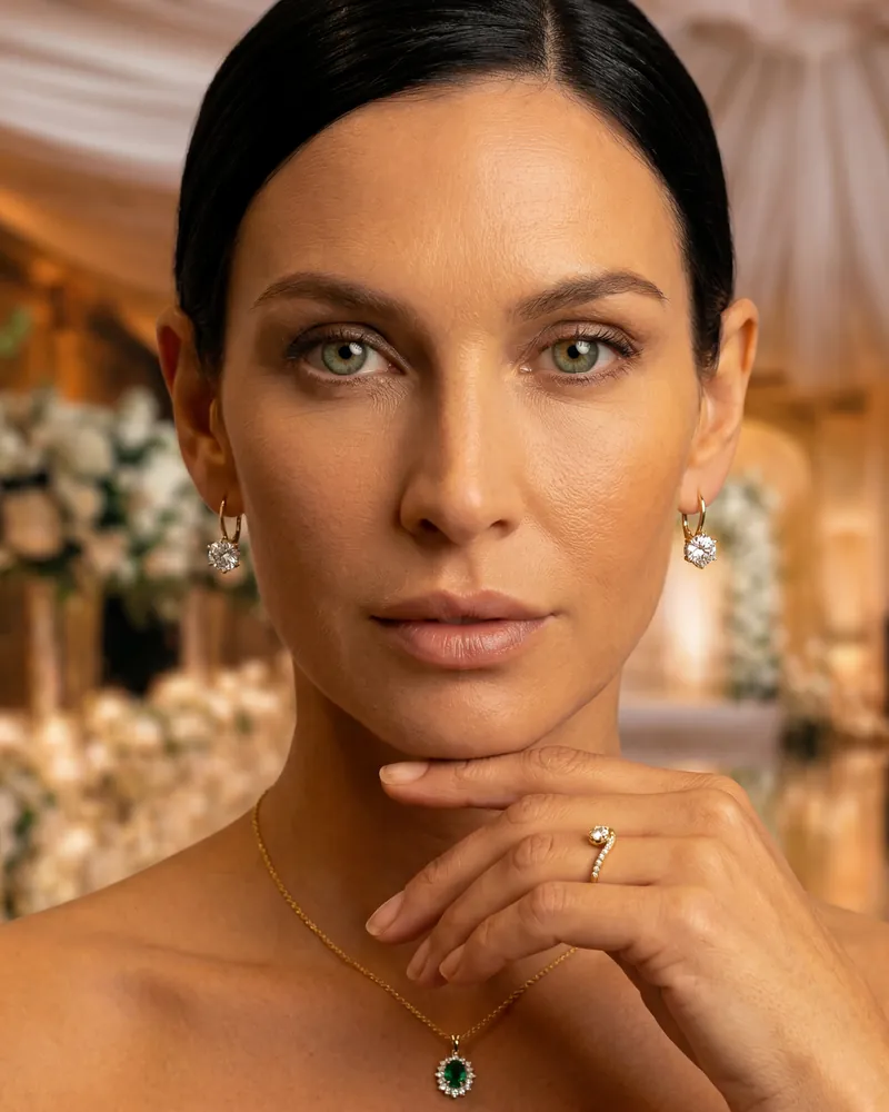AI product photo: a model with an emerald necklace and earrings, hand under her chin